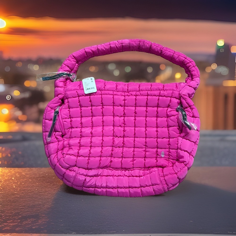 NWT Free People Large Quilted Carryall Light Puffer Hobo Bag Fuchsia Flirt Hot P